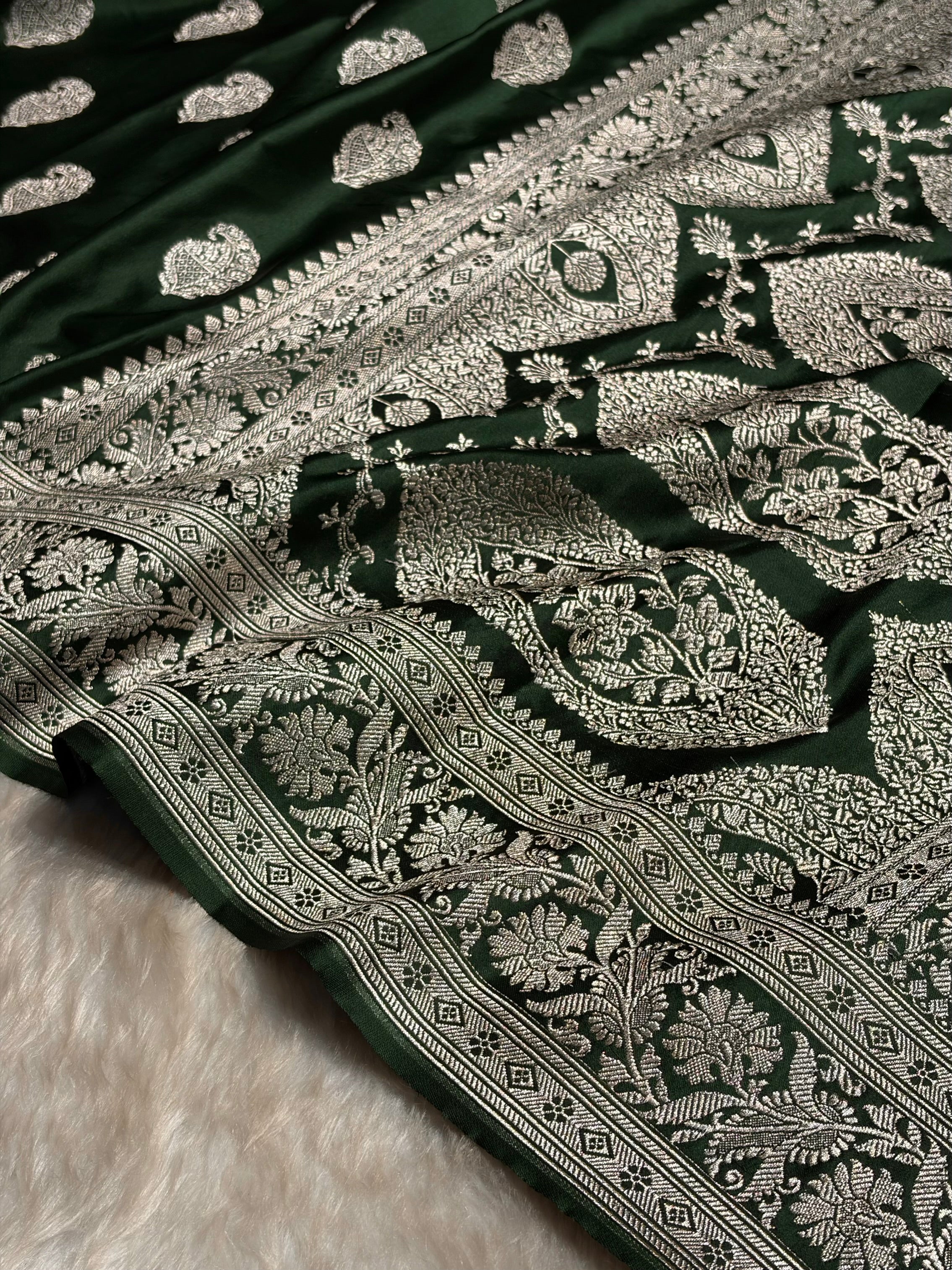 Dark Bottle Green Shades Minakari Motif Mashru Silk Saree MS09