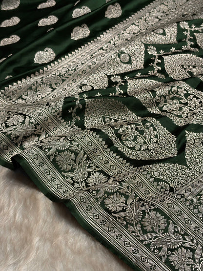 Dark Bottle Green Shades Minakari Motif Mashru Silk Saree MS09