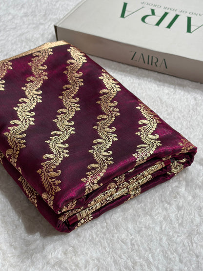 Wine Shades Cross Pattern Banarasi Satin Silk Saree SS39