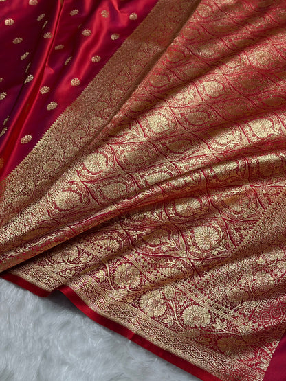 Magentic Red Floral Boota Pattern Satin Katan Silk Saree SK72