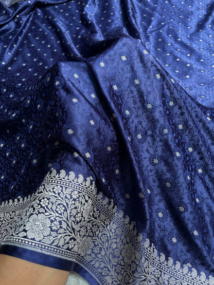 Navy Blue Shades Booti Tanchoi Mashru Silk Saree