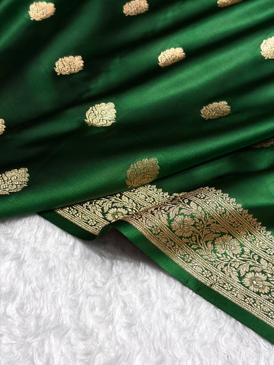 Banarasi Bottle Green Booti Pattern Satin Katan Silk Saree SK65