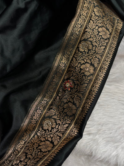Bridal Black Banarasi Satin Katan Saree With Ari & Zardozi Work Boota BSK65