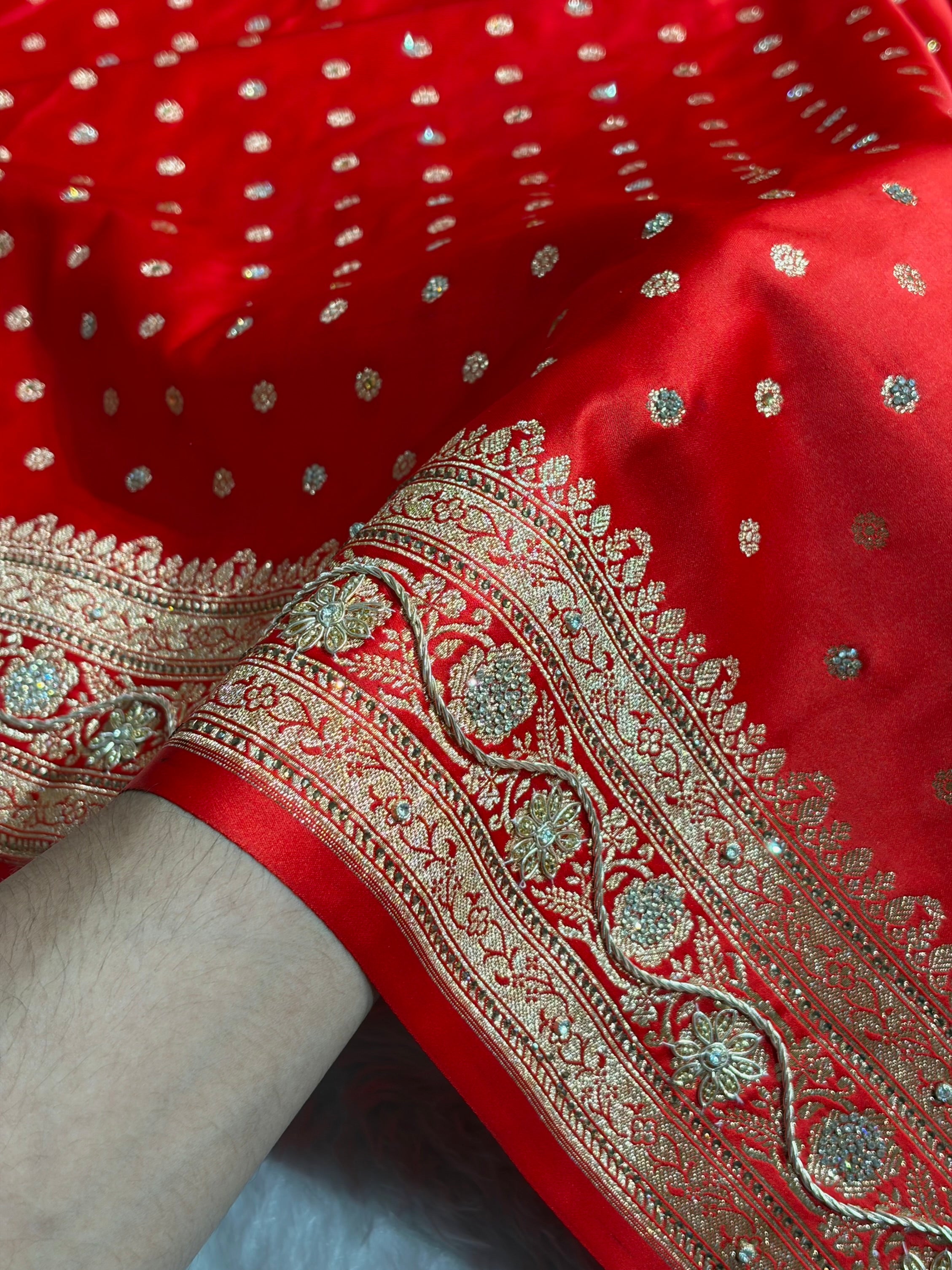 Banarasi Red Katan Silk Saree With Ari Zardozi and Swarovski stone work BSK01