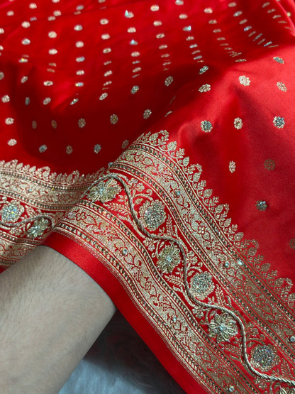 Banarasi Red Katan Silk Saree With Ari Zardozi and Swarovski stone work BSK01