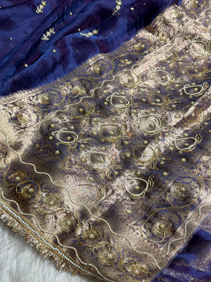 Purple Shades Wtih Ari & White Moti Work Pure Tissue Silk Saree with Brocade Blouse BPT-18