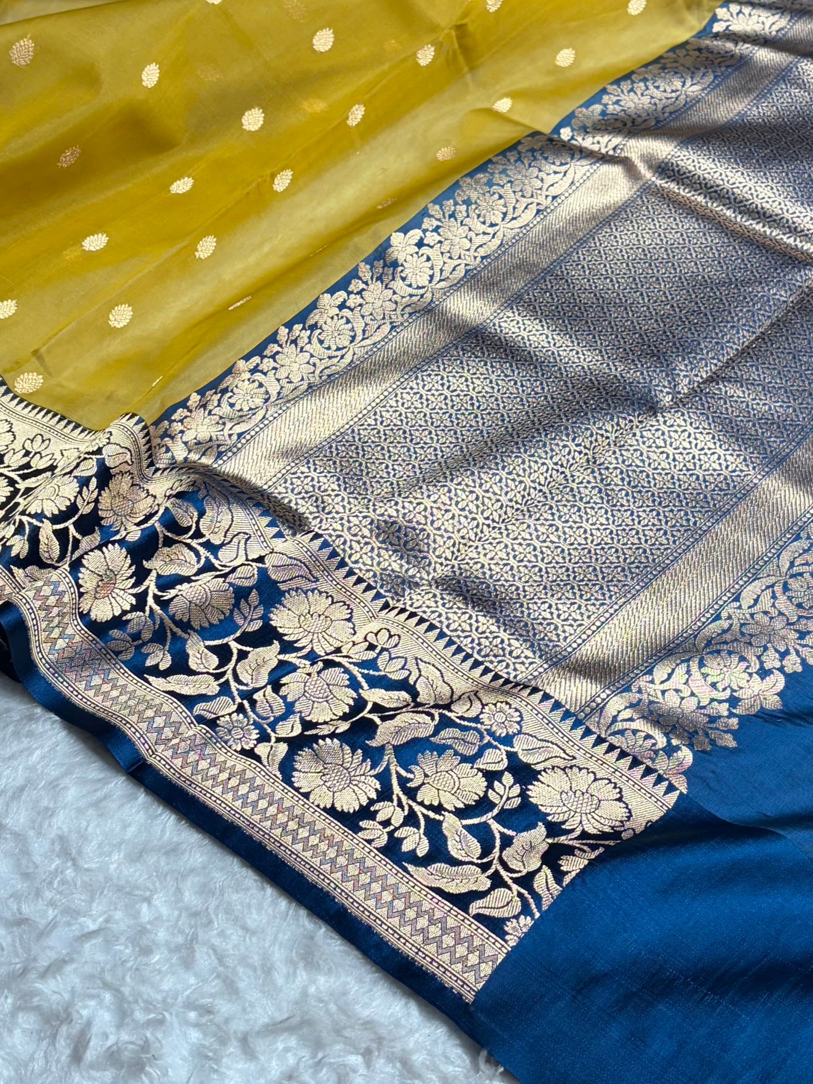 Contrast Pure Banarasi Organza Beige With German Blue Floral Banarasi Silk Saree PO-18
