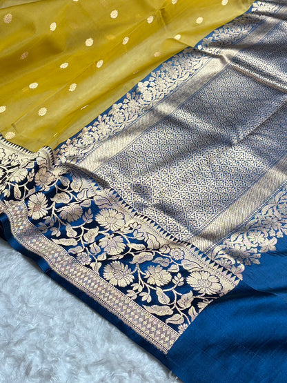 Contrast Pure Banarasi Organza Beige With German Blue Floral Banarasi Silk Saree PO-18