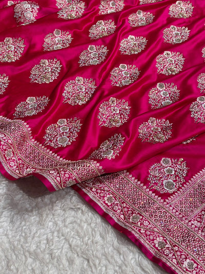 Premium Birdal Banarasi Satin Katan Saree With Swarovski Ari & Zardozi Work Minakari Boota in Rani Shades BSK93