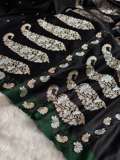 Black With Bottle Green Floral Boota With Floral Border Mashru Silk Saree MSM-78
