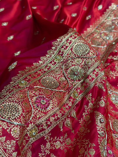 Banarasi Bridal Cross Red Work Pattern Satin Katan Silk Saree BSK82