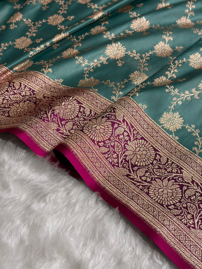 Banarasi Satin Katan Saree Contrast Rama / Rani Shades SK132