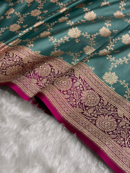 Banarasi Satin Katan Saree Contrast Rama / Rani Shades SK132