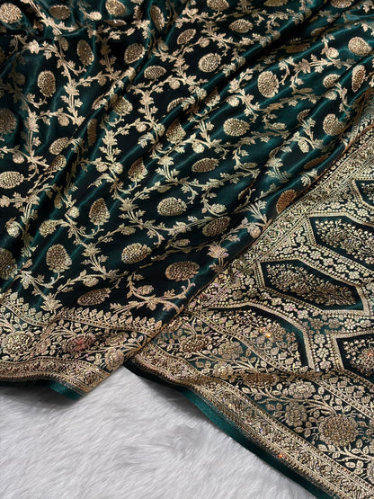 Dark Bottle Green Swarovski Work Jaal Pattern Satin Silk Saree BSS15