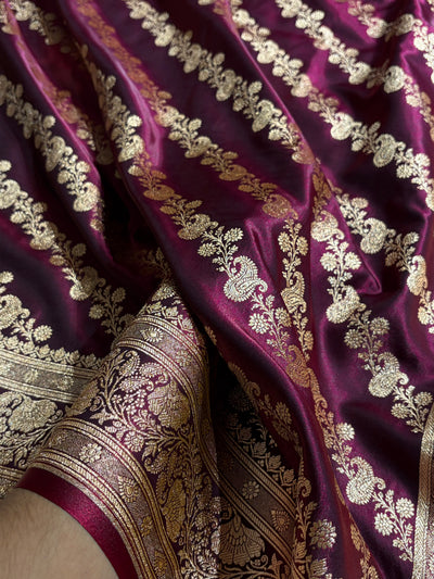 Banarasi Wine Shades Cross Pattern Banarasi Satin Silk Saree SS51