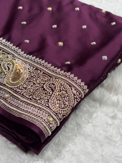 Wine Shades Plain Banarasi With Minakari Ari Zardozi Work Floral Border Mashru Silk Saree BMCS04