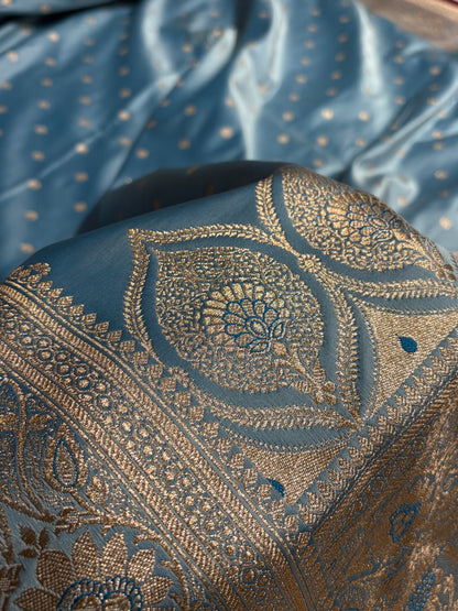 Banarasi Powder Blue Booti Satin katan Silk Saree SK11