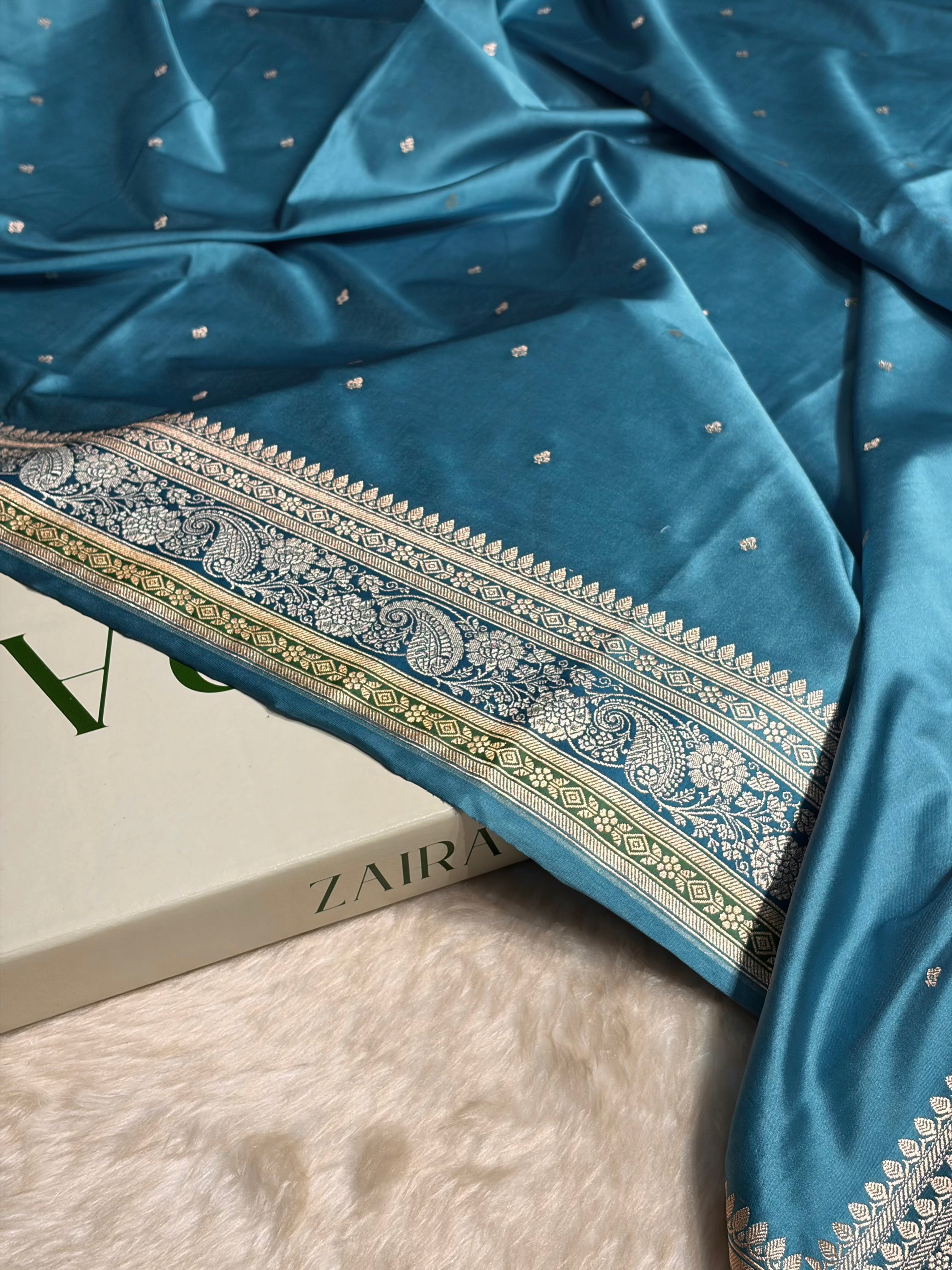 Sky Blue Shades Booti Mashru Silk Saree MS64