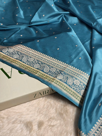 Sky Blue Shades Booti Mashru Silk Saree MS64
