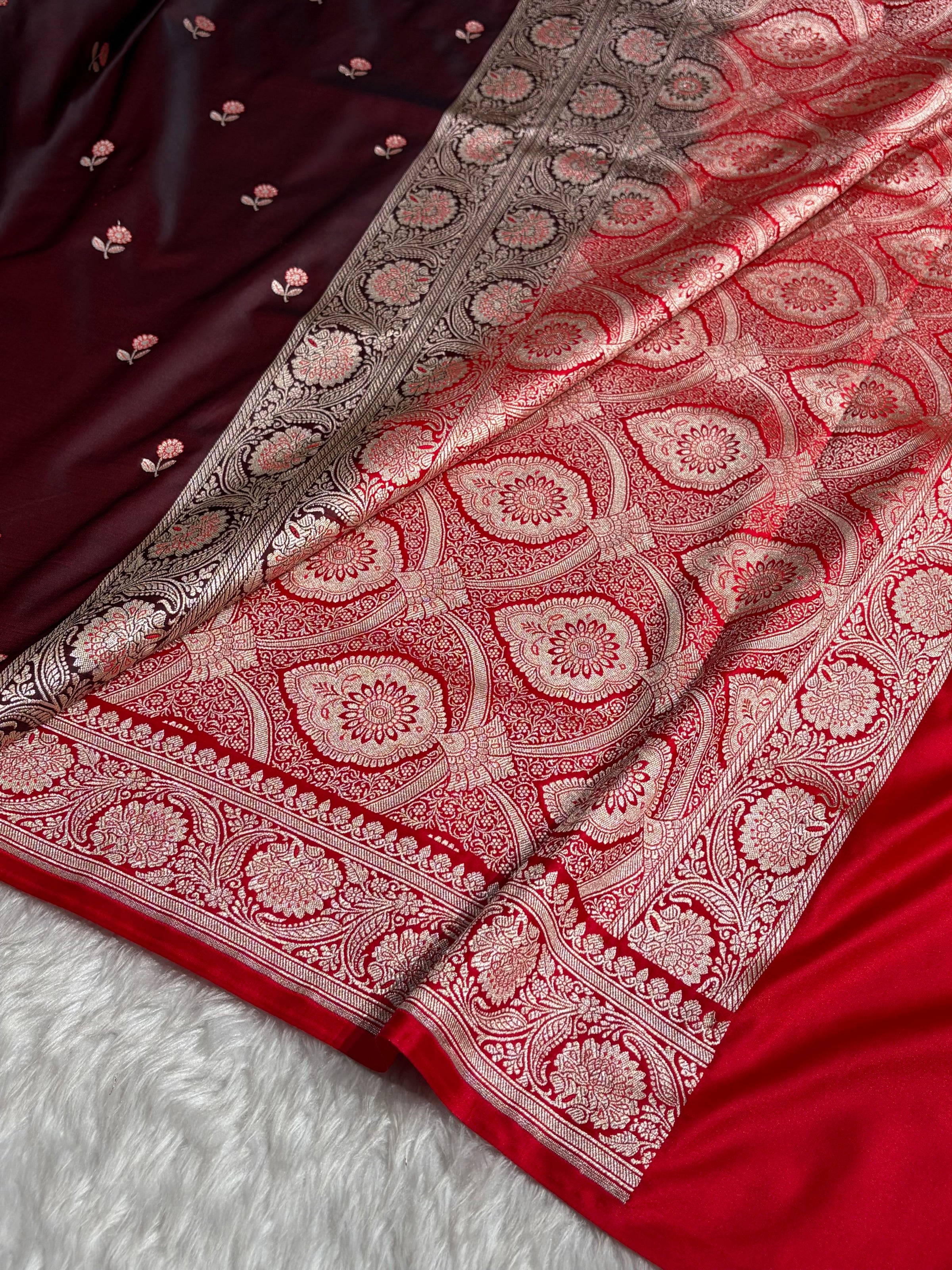 Cross Garnet / Red Shades Banarasi Booti Pattern Mashru Silk Saree MSM-137