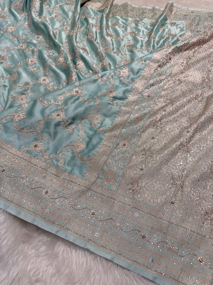 Powder Blue Mashru Silk Saree with Ari and Stone