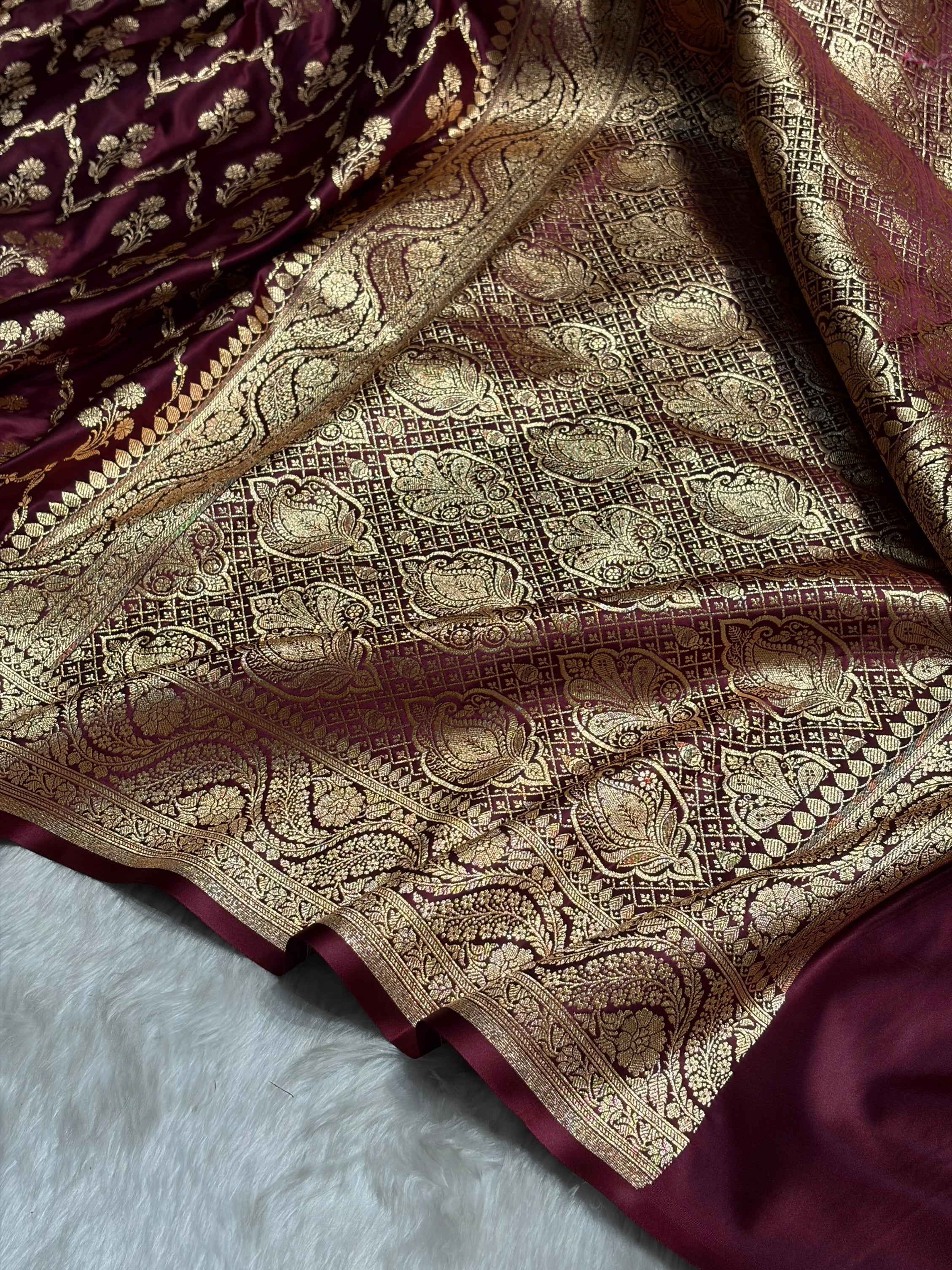 Garnet Cross with Boota Pattern Satin Katan Silk Saree SK67