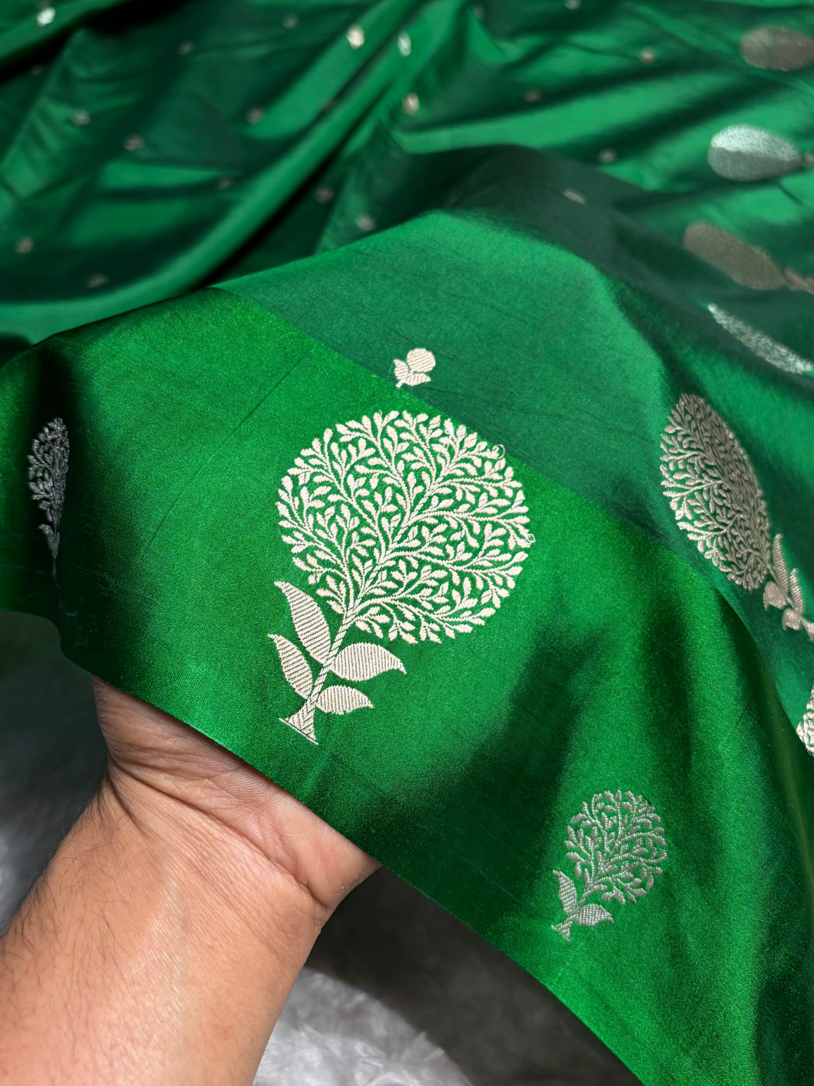 Bottle Green Shades Handwoven Pure Paper Katan Silk RM-65