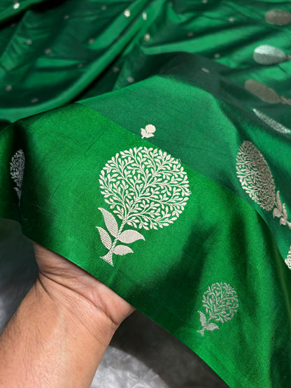 Bottle Green Shades Handwoven Pure Paper Katan Silk RM-65