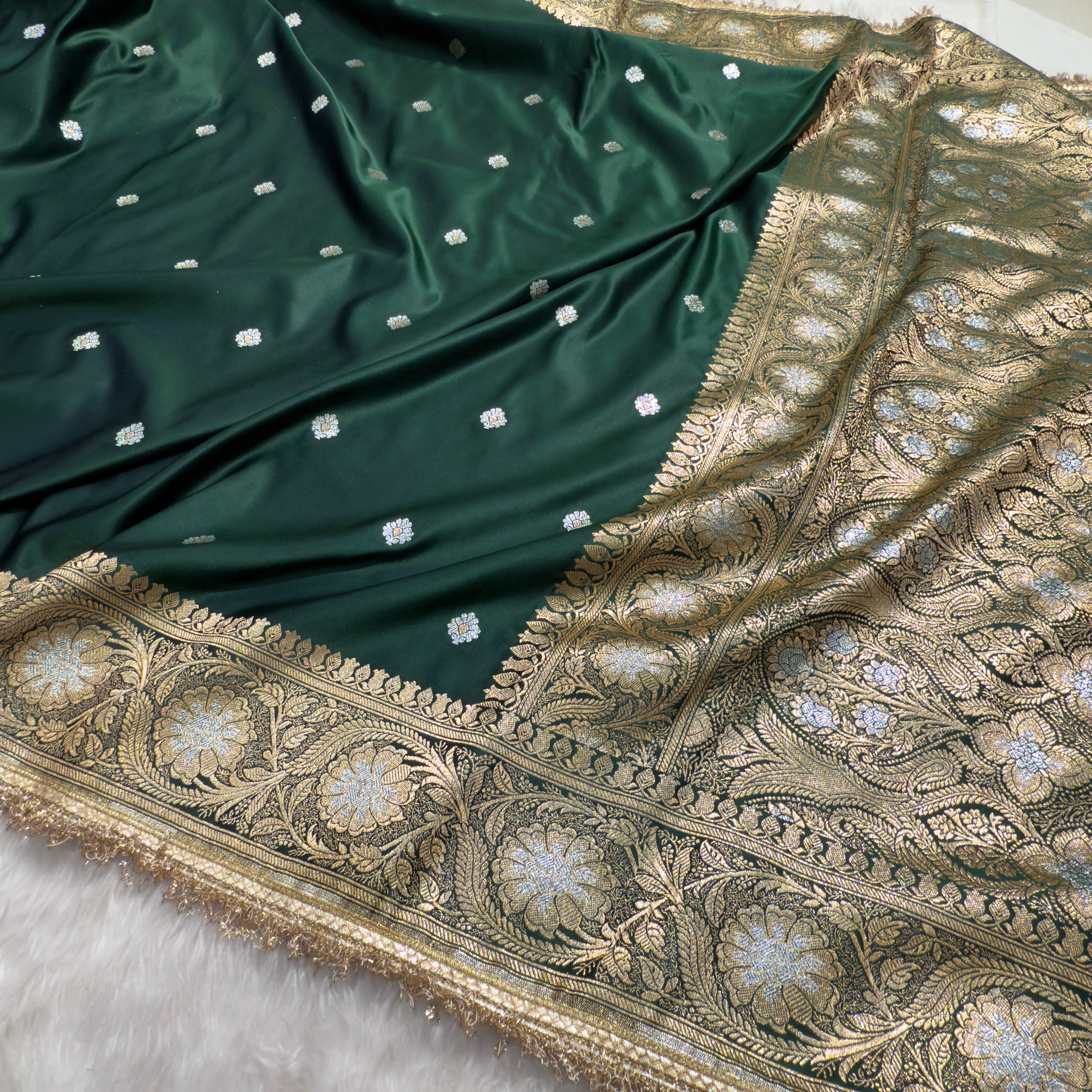 Bottle Green Mashru Silk Banarasi Saree with Gotta Patti | SKU - MSGP11