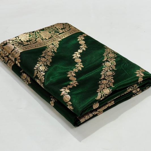 Ultra Light Weight Satin Silk Jaal in Bottle Green Shades