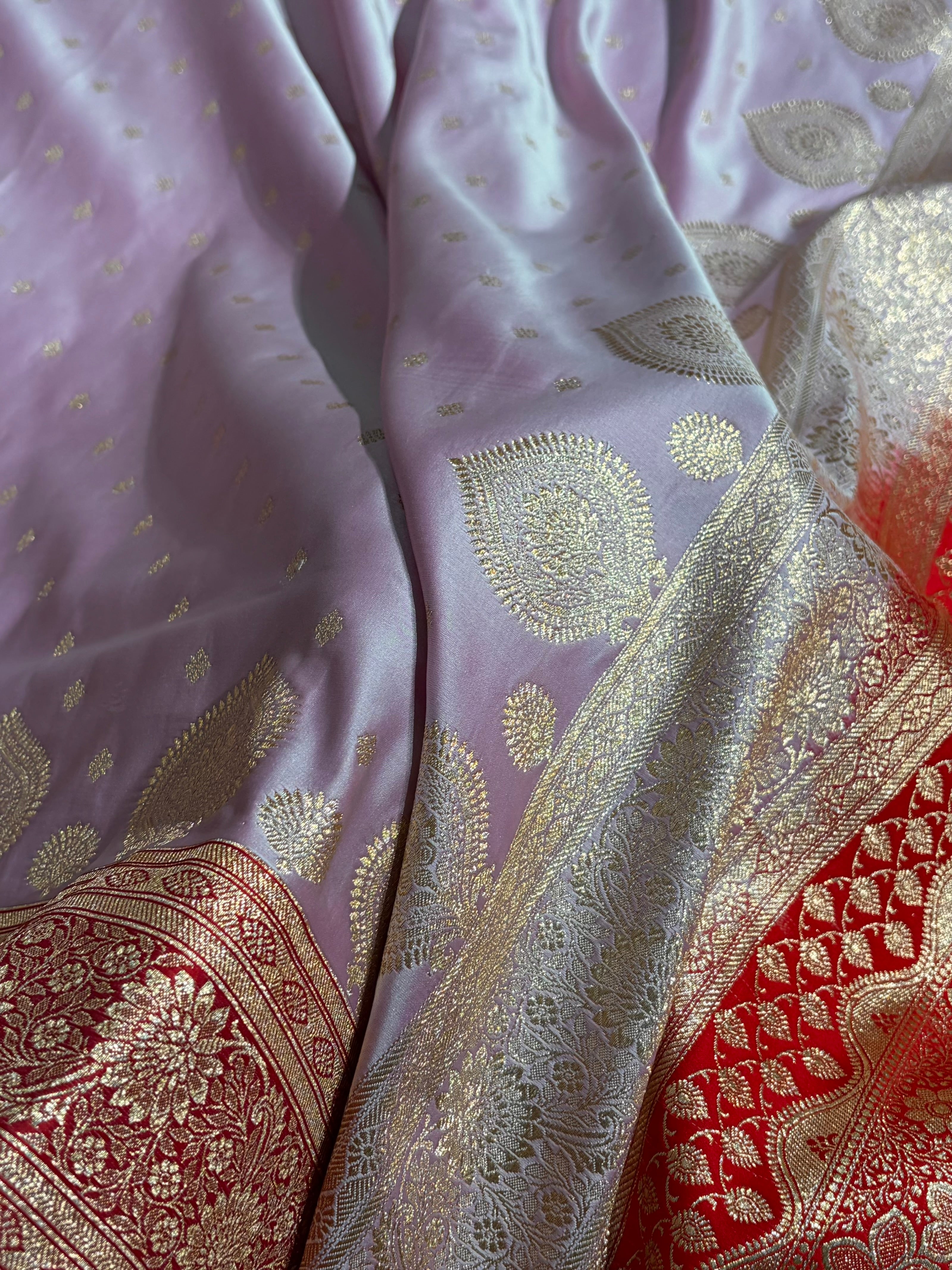 Lavender with Red Booti Satin Katan Silk saree SK29