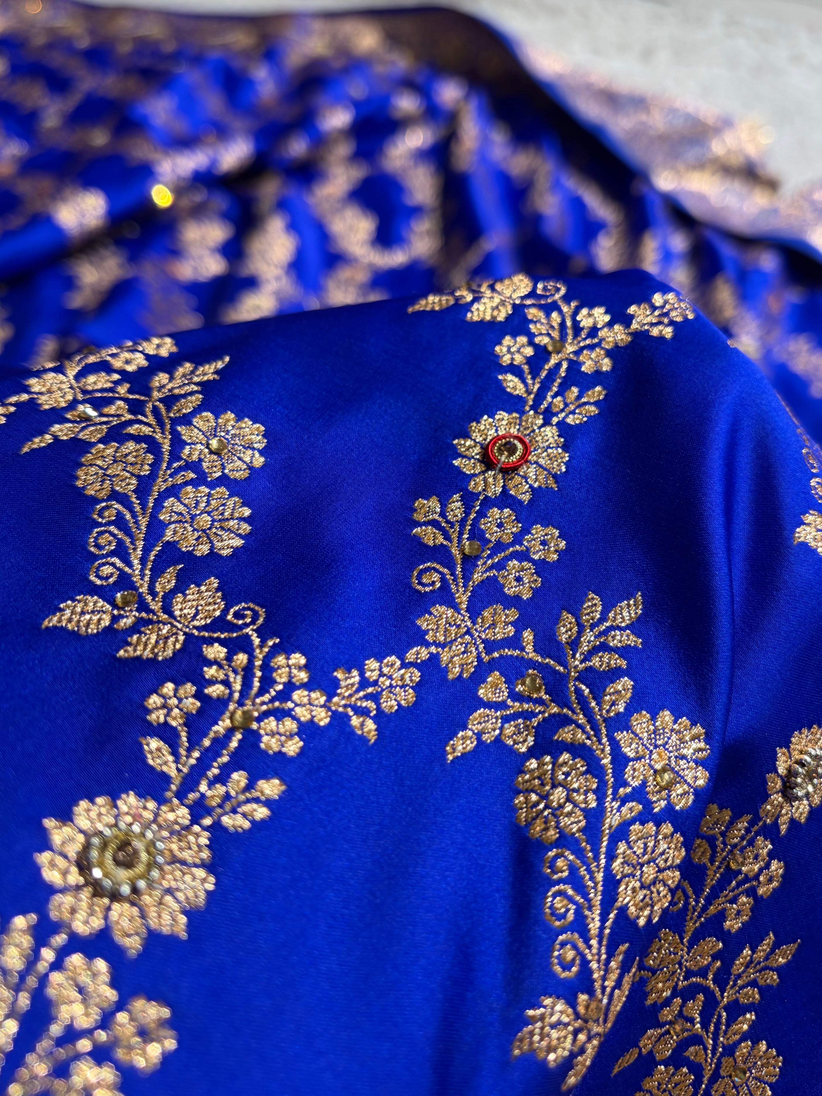 Royal Blue Floral Jaal Pattern Satin Katan Silk Saree BSK43