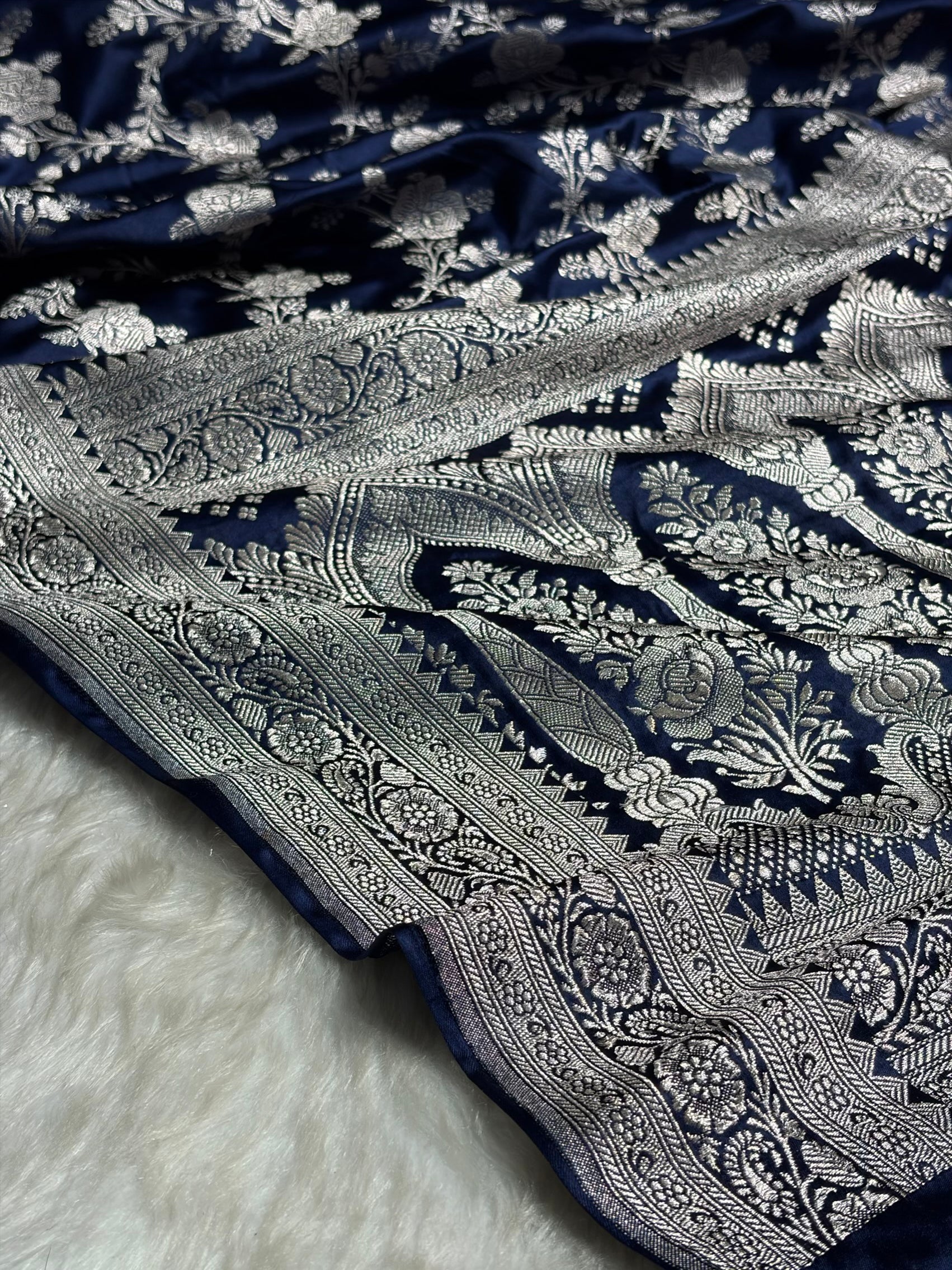 Navy Blue Floral Jaal Mashru Silk Saree  MS28