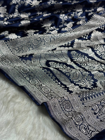 Navy Blue Floral Jaal Mashru Silk Saree  MCS28
