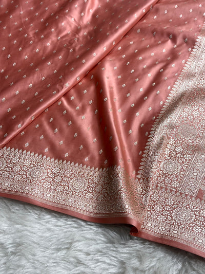 Peach Shades Banarasi With Floral Booti Pattern Mashru Silk Saree MSM-133