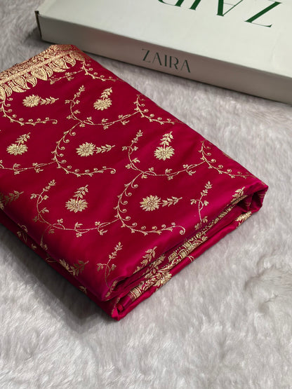 Cross Rani Shades Jaal Floral Pattern Satin Katan Silk Saree SK81