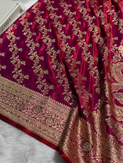 Bridal Reddish Magenta Cross Satin Silk with Ari and Stone work BSS11