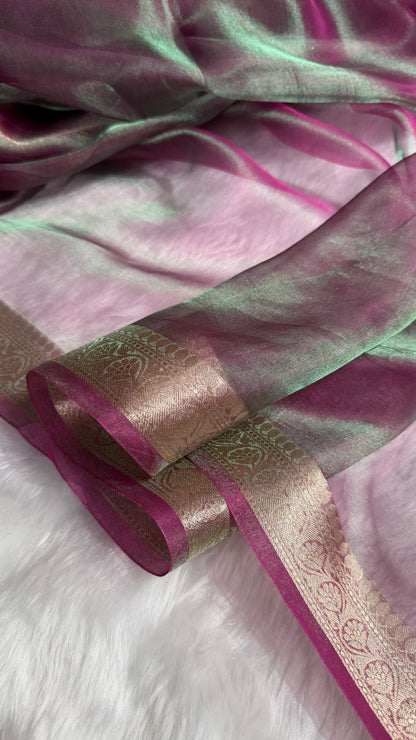 Cross Purple Shades Pure Tissue Silk Saree with Brocade Blouse PT-09