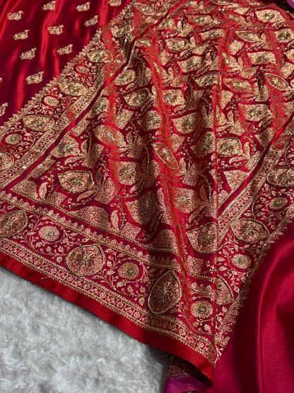 Banarasi Satin Katan Saree With Aari Zardozi Work Boota in Cross Red Shades BSK98