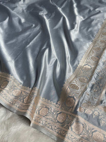 Grayish Blue Shades Plain Mashru Silk Saree