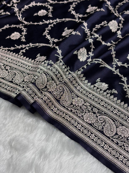 Banarasi Navy Blue Shades Jaal Mashru Silk Saree