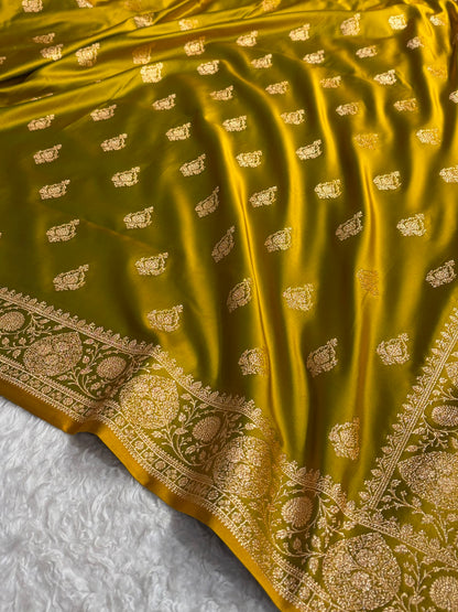 Banarasi Satin Katan Saree With Boota in Liril Mehendi Shades SK98