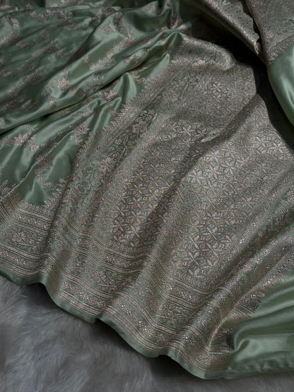 Pista Floral Jaal Mashru Silk Saree