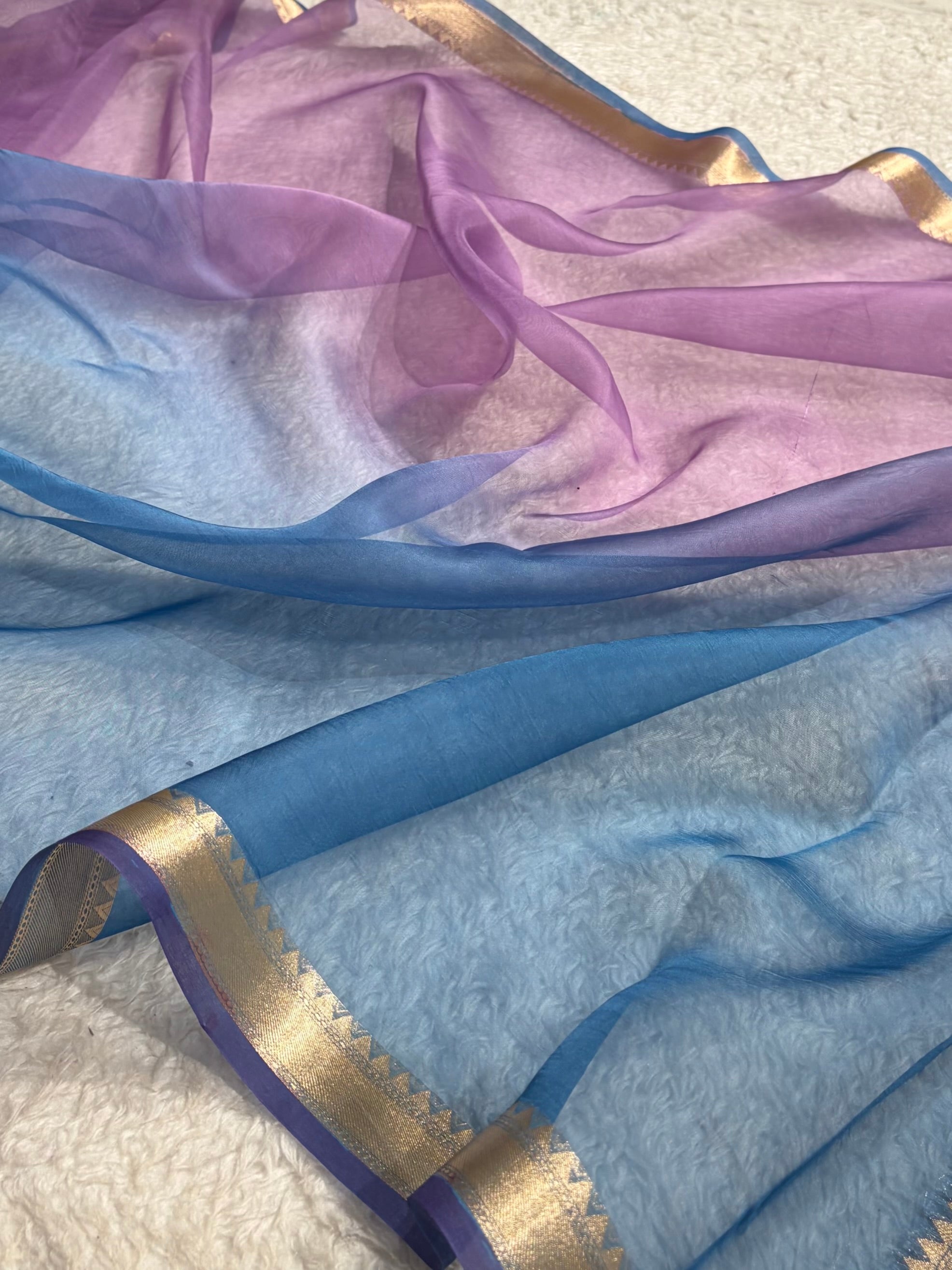 Ombre Firozi With Lavender Pure Organza  Banarasi Silk Saree PO-01
