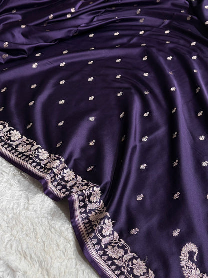 Banarasi Dark Purple Shades Floral Mashru Silk Saree MS88