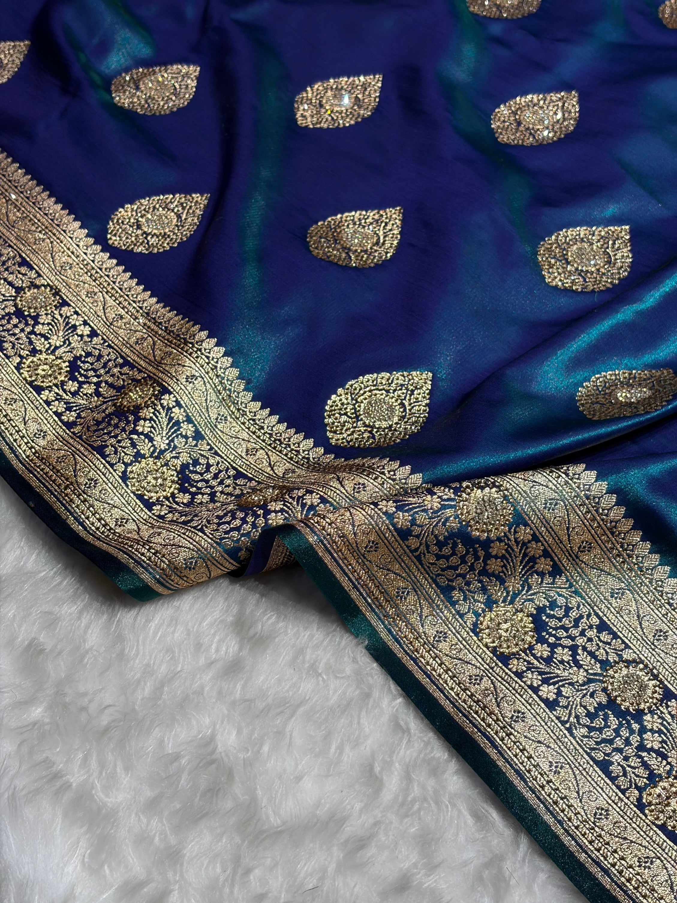 Peacock Shades Banarsi Satin Silk Boota with Stone Work