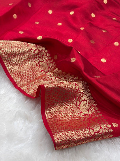 Banarasi Peach With Contrast Maroon Border & Meenakari Boota Handwoven Pure Katan Paper Silk RM-74