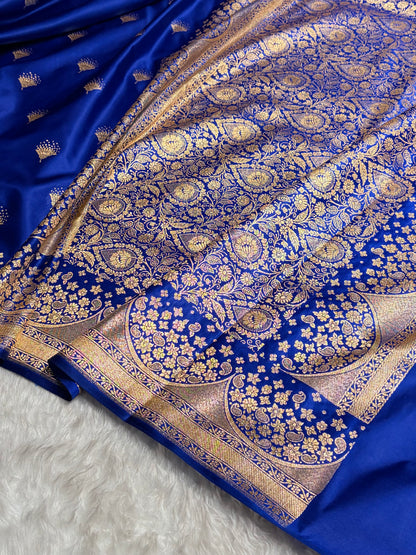 Royal Blue Floral Banasari Pattern Satin Katan Silk Saree SK83