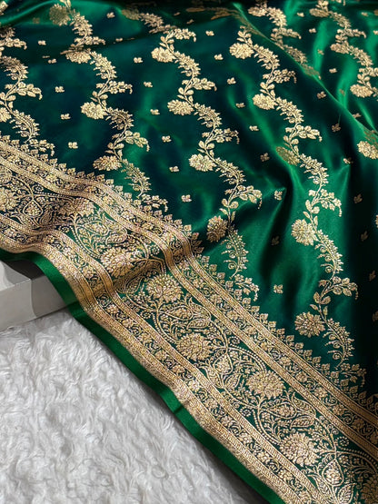 Banarasi Satin Katan Saree With Jaal Pattern in Cross Green Shades SK121