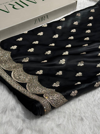 Banarasi Black Scallop Mashru Silk with White Stone Swarovski work BMS02